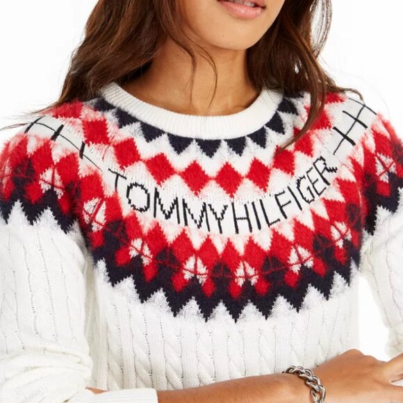 Tommy Hilfiger Women's Ivory/Multi Fair Isle Logo Cable-Knit Sweater Sz S/P NWT - Picture 3 of 11